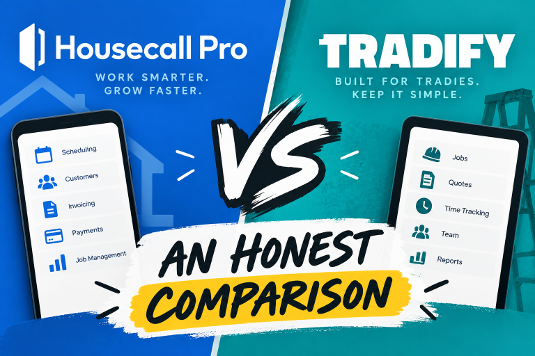 Housecall Pro vs Tradify comparison graphic showing both apps on phone screens